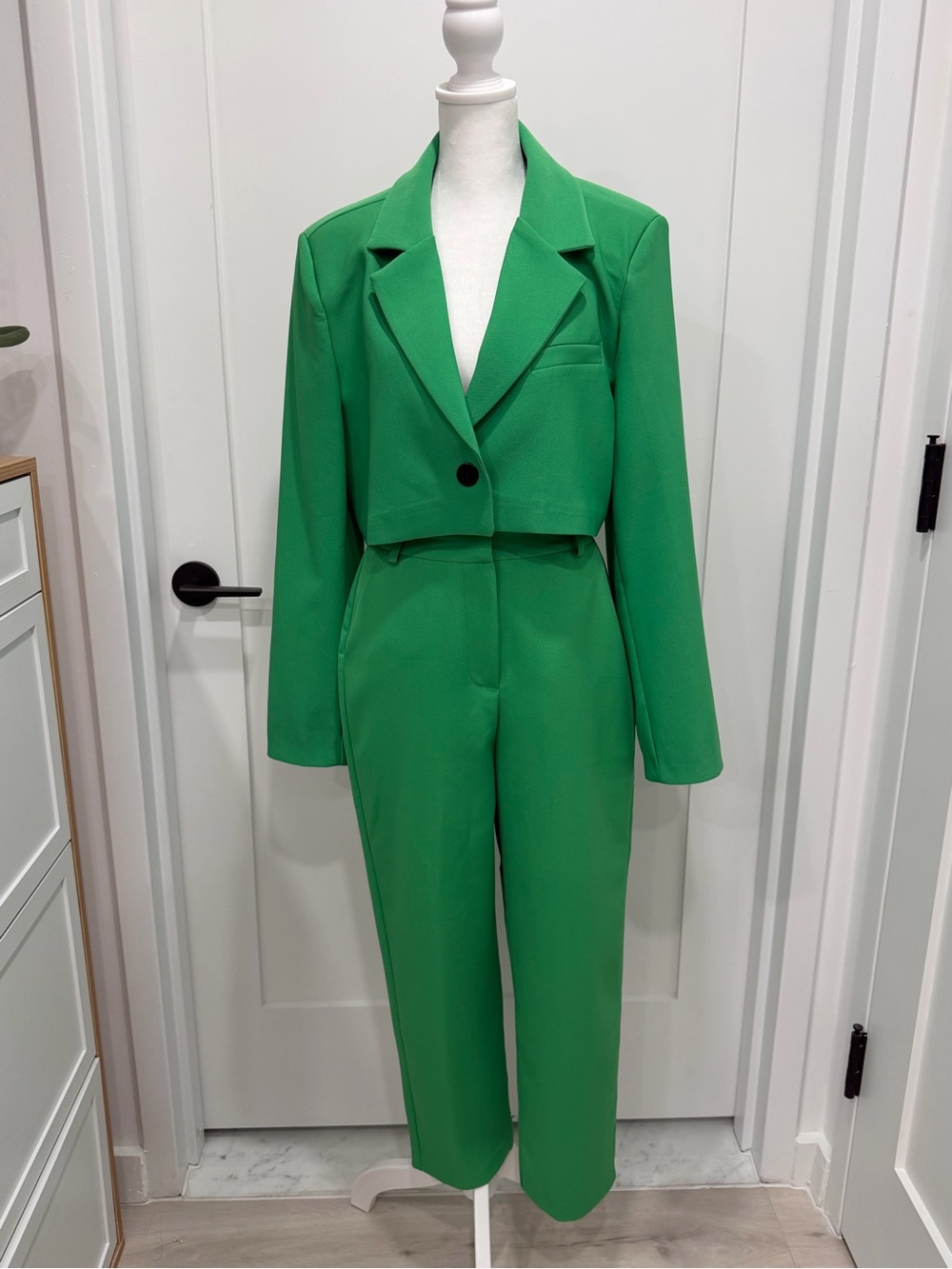 Cropped Blazer & High-Waist Trousers Set - Green